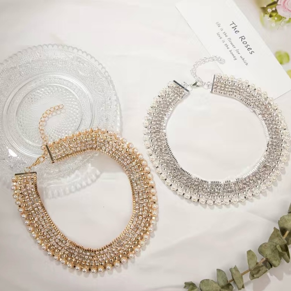 Brand new 22K Gold Plated Exaggerated Rhinestone &Faux Pearl Necklace For Women